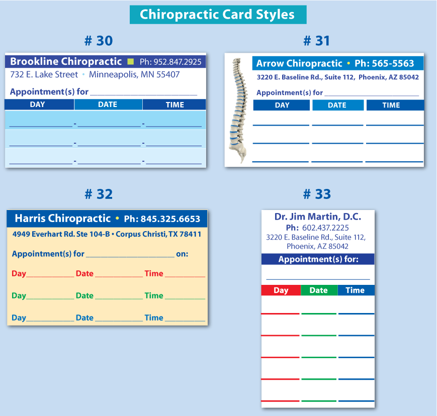 chiropractor appointment cards - chirropractic